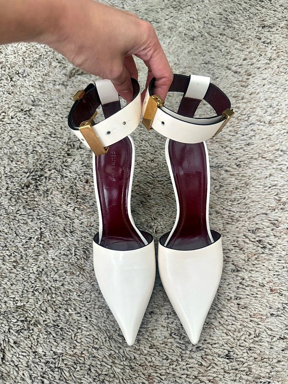 Celine Pointed Toe Ankle Strap Heels in White